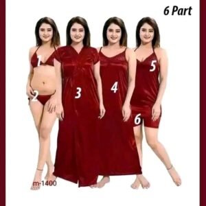 6 Piece Satin Nighty Set - Maroon